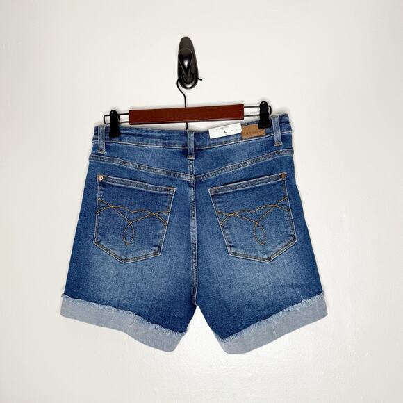 Judy Blue High Waist Distressed Red Bandana Denim Jean Shorts Women’s Large NWT - Picture 4 of 8